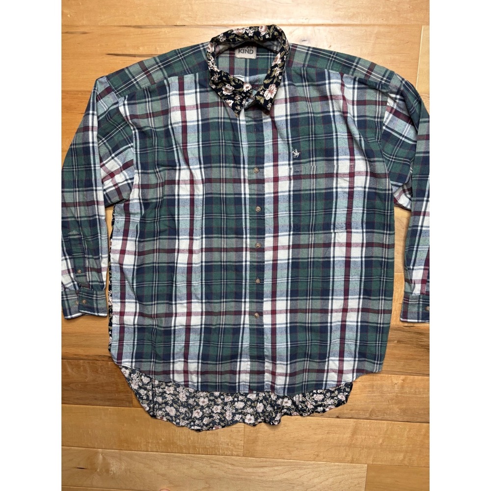 Furst of a Kind Button Down Womens L Green Plaid Floral Upcycled Shirt